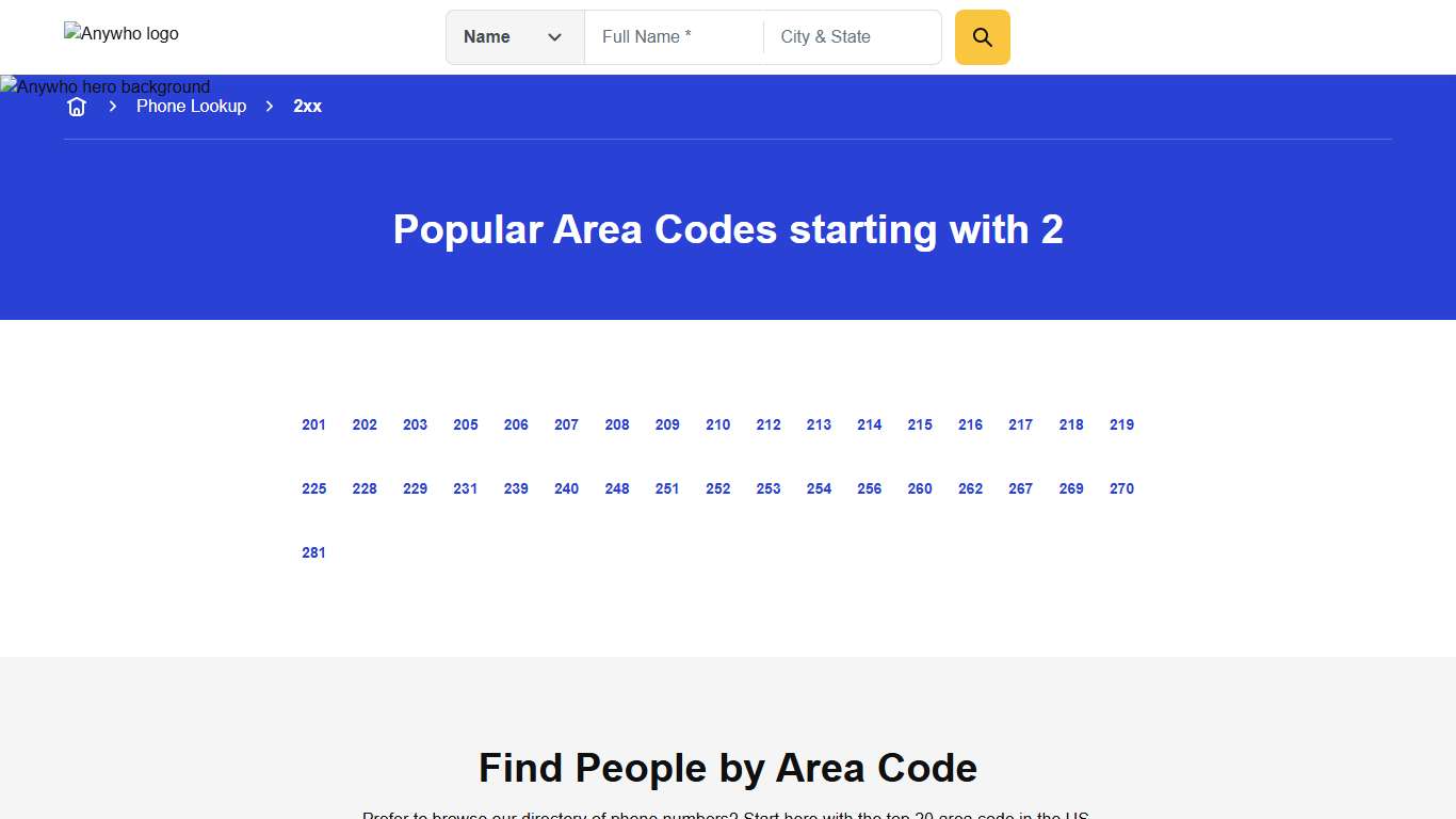 Area Codes Starting with 2 | Reverse Phone Lookup | Anywho