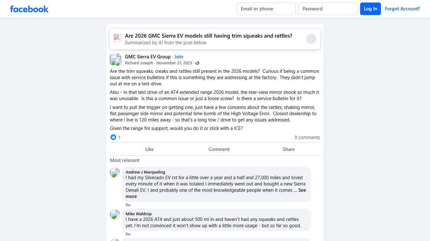 GMC Sierra EV Group | Are the trim squeaks, creaks and rattles still present in the 2026 models | Facebook