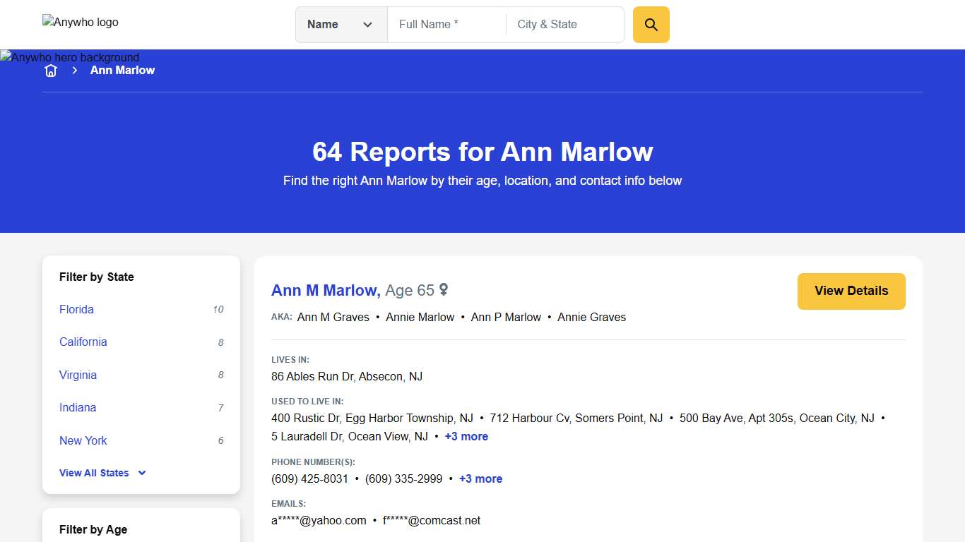 64 Reports for Ann Marlow | Anywho
