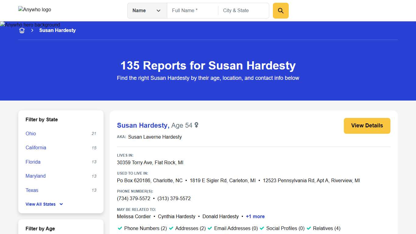 135 Reports for Susan Hardesty | Anywho